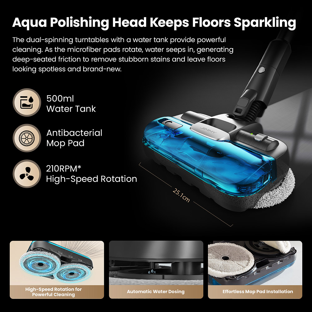 JIMMY JV9 Pro Aqua Cordless Vacuum Cleaner, 160AW Suction Power, Up to 65min Runtime, 500ml Water Tank, Gray - EU Plug