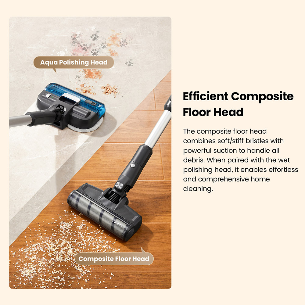 JIMMY JV9 Pro Aqua Cordless Vacuum Cleaner, 160AW Suction Power, Up to 65min Runtime, 500ml Water Tank, Gray - EU Plug