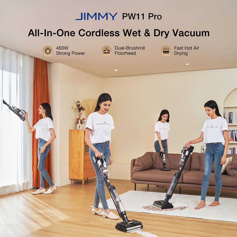 JIMMY PW11 Pro 4-In-1 Cordless Vacuum & Washer, 460W Strong Power, Double Cleaning with Dual Brushrolls, Hot Air Fast Drying, LED Screen, 180° Lay-Flat Design - EU Plug (Silver-Black)