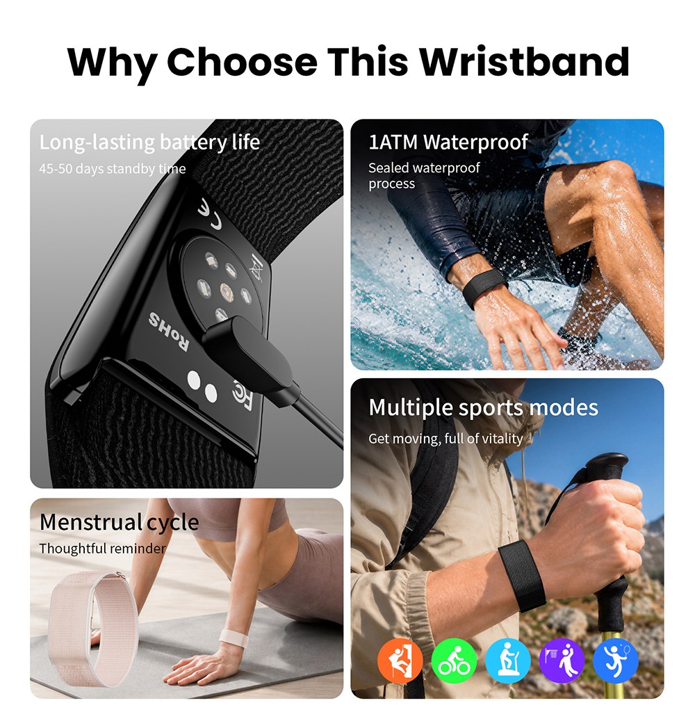 Bracelet connect&eacute; LOKMAT H59 MAX, autonomie de 45 jours en veille, surveillance de la sant&eacute; 24h/24 et 7j/7, suivi de la VFC et de la SpO2, &eacute;tanche &agrave; 1 ATM, 176 modes sportifs, Bluetooth 5.2 - Rose