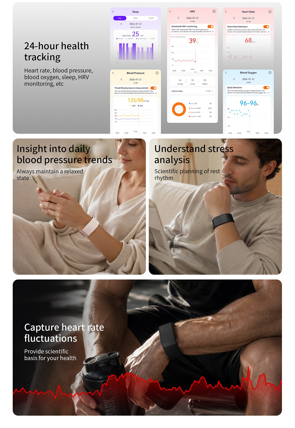 Bracelet connect&eacute; LOKMAT H59 MAX, autonomie de 45 jours en veille, surveillance de la sant&eacute; 24h/24 et 7j/7, suivi de la VFC et de la SpO2, &eacute;tanche &agrave; 1 ATM, 176 modes sportifs, Bluetooth 5.2 - Rose