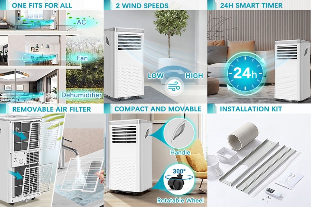 LUKO A011D1-7K 3 in 1 Portable Air Conditioner Dehumidifier, 7000BTU Cooling Capacity, 2 Wind Speeds, 24-Hour Timer