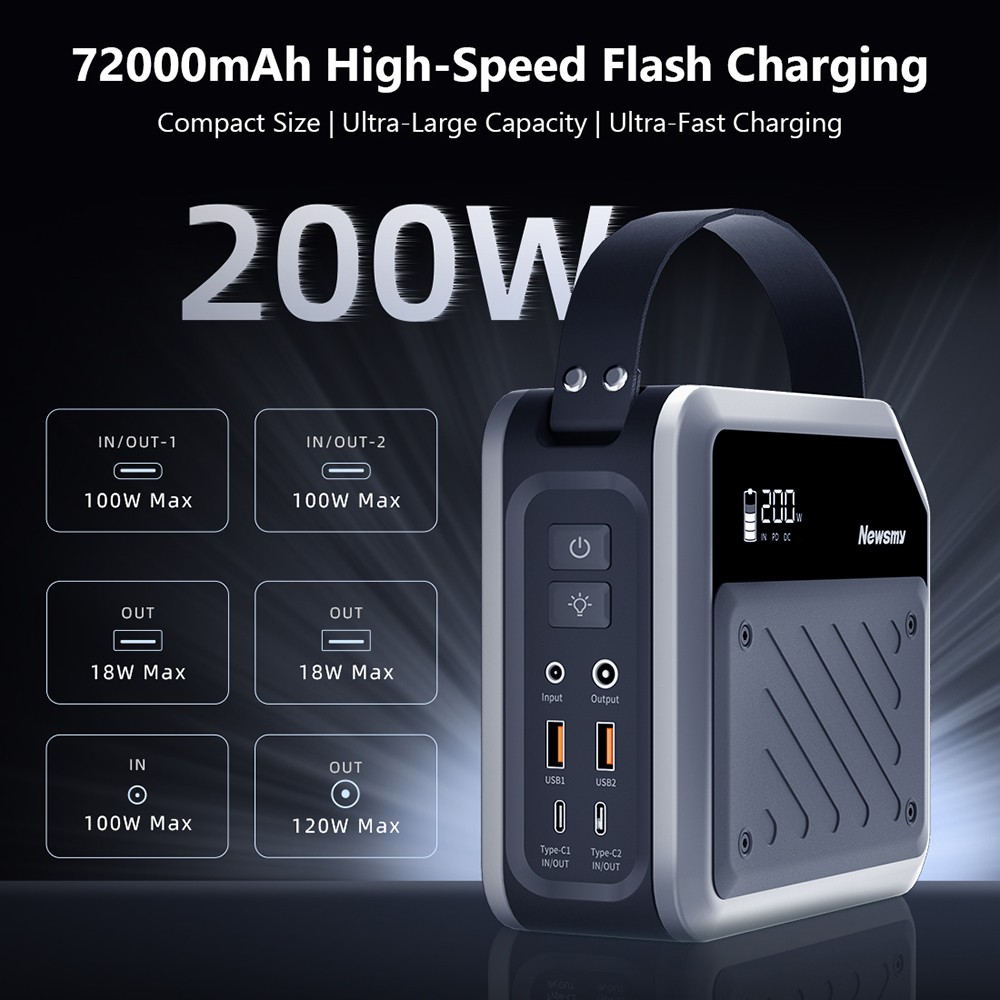 NEWSMY P72 Portable Power Station, 268W 270Wh/72000mAh LiMnFePO4 Battery with Spotlight, 2&times;100W USB-C PD, 5 Output