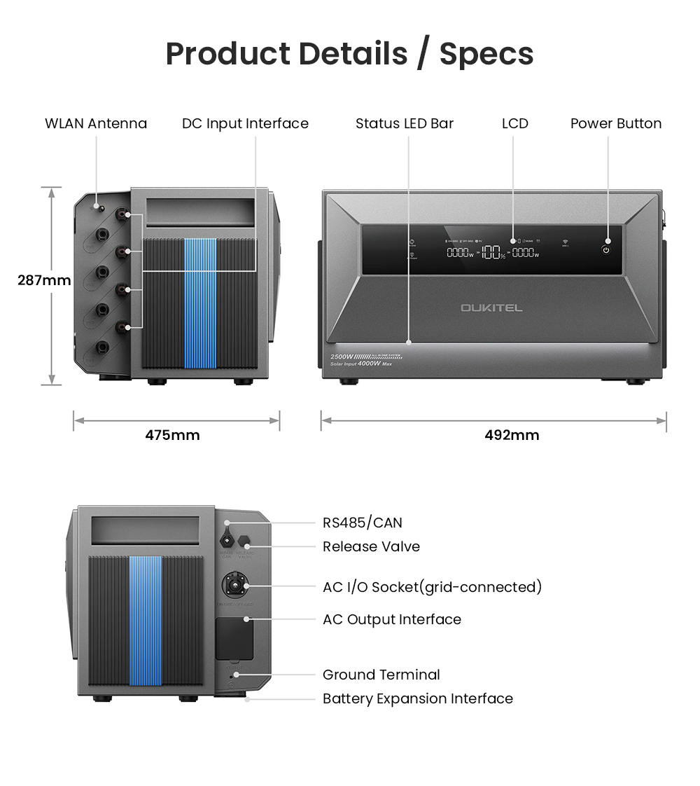 OUKITEL EP2500 Hordozhat&oacute; Erőmű, 2500W Kimenet, 2048Wh LiFePO4 Akkumul&aacute;tor, 4000W Napelem Bemenet, 4 MPPT, 2500W H&aacute;l&oacute;zatra Csatlakoztathat&oacute; Kimenet, 3000W Bypass Kimenet, 16.384kWh, 16.384kWh IPacőv&iacute;thető,4kWh B+5+