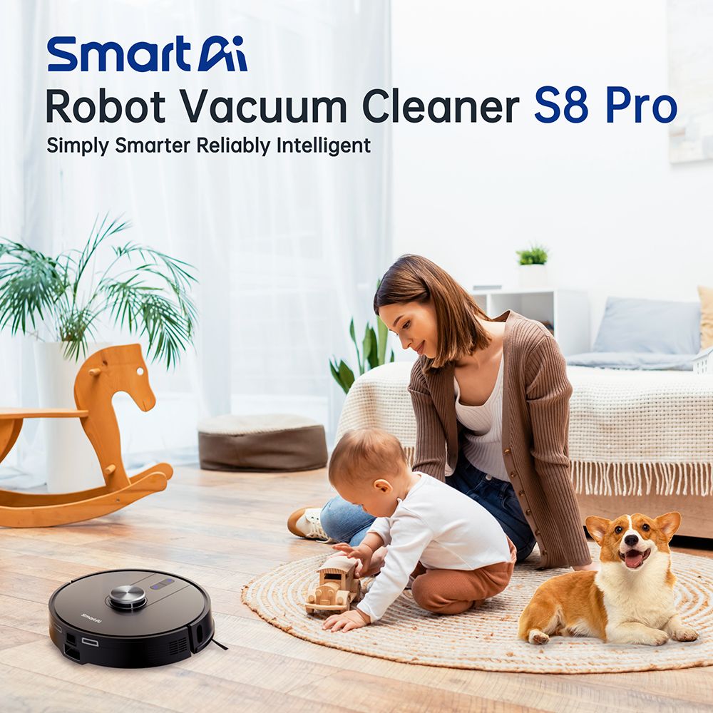 SmartAI S8 Pro Robot Vacuum Cleaner with Base Station, 5000Pa Suction Power, 380ml Water Tank, 3L Dustbin, 45+ Days Dust Storage, Remote/Voice/App Control - EU Plug