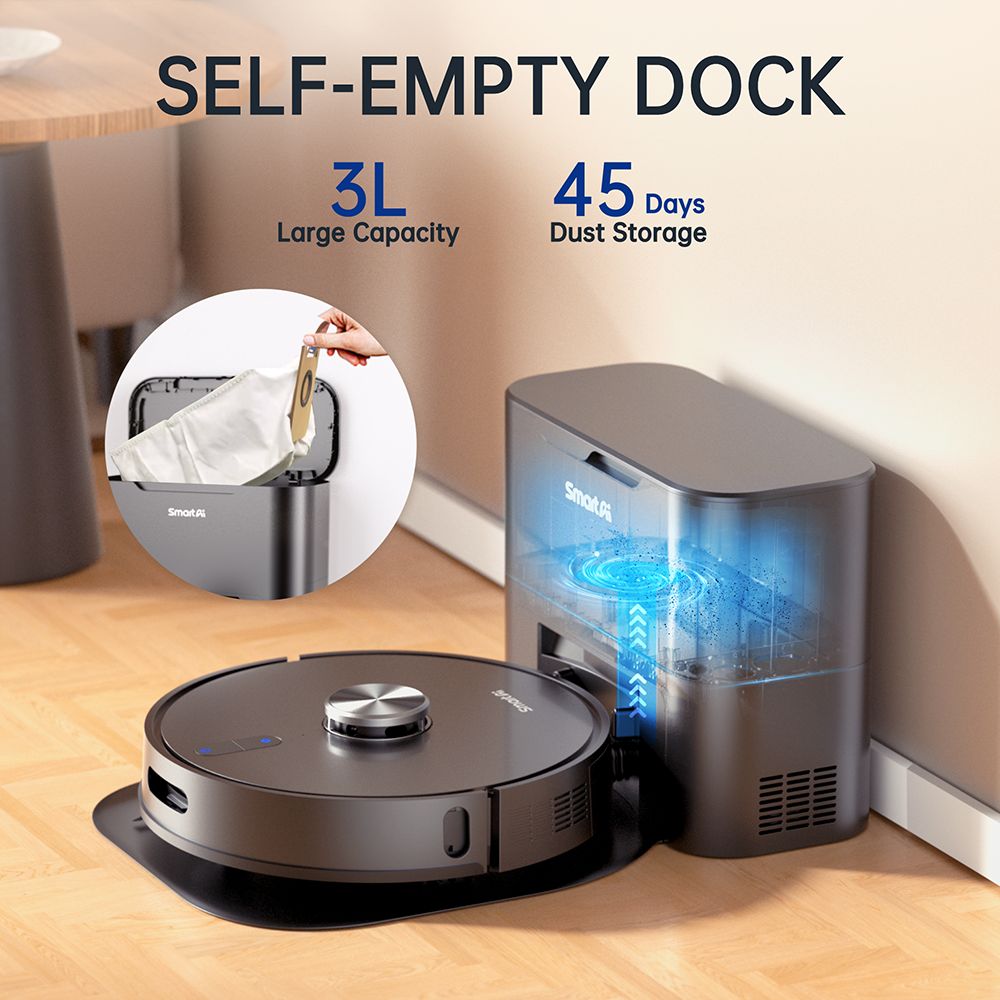 SmartAI S8 Pro Robot Vacuum Cleaner with Base Station, 5000Pa Suction Power, 380ml Water Tank, 3L Dustbin, 45+ Days Dust Storage, Remote/Voice/App Control - EU Plug