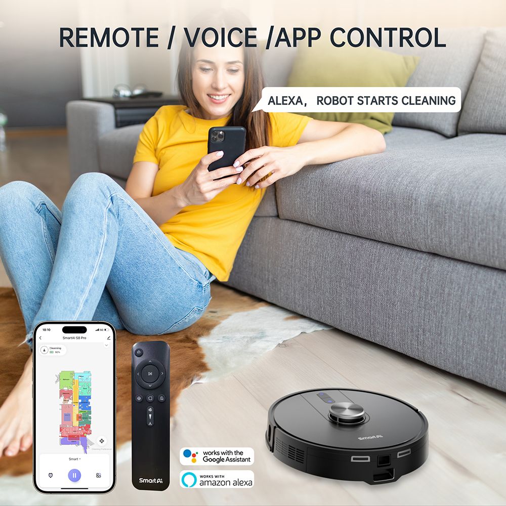 SmartAI S8 Pro Robot Vacuum Cleaner with Base Station, 5000Pa Suction Power, 380ml Water Tank, 3L Dustbin, 45+ Days Dust Storage, Remote/Voice/App Control - EU Plug