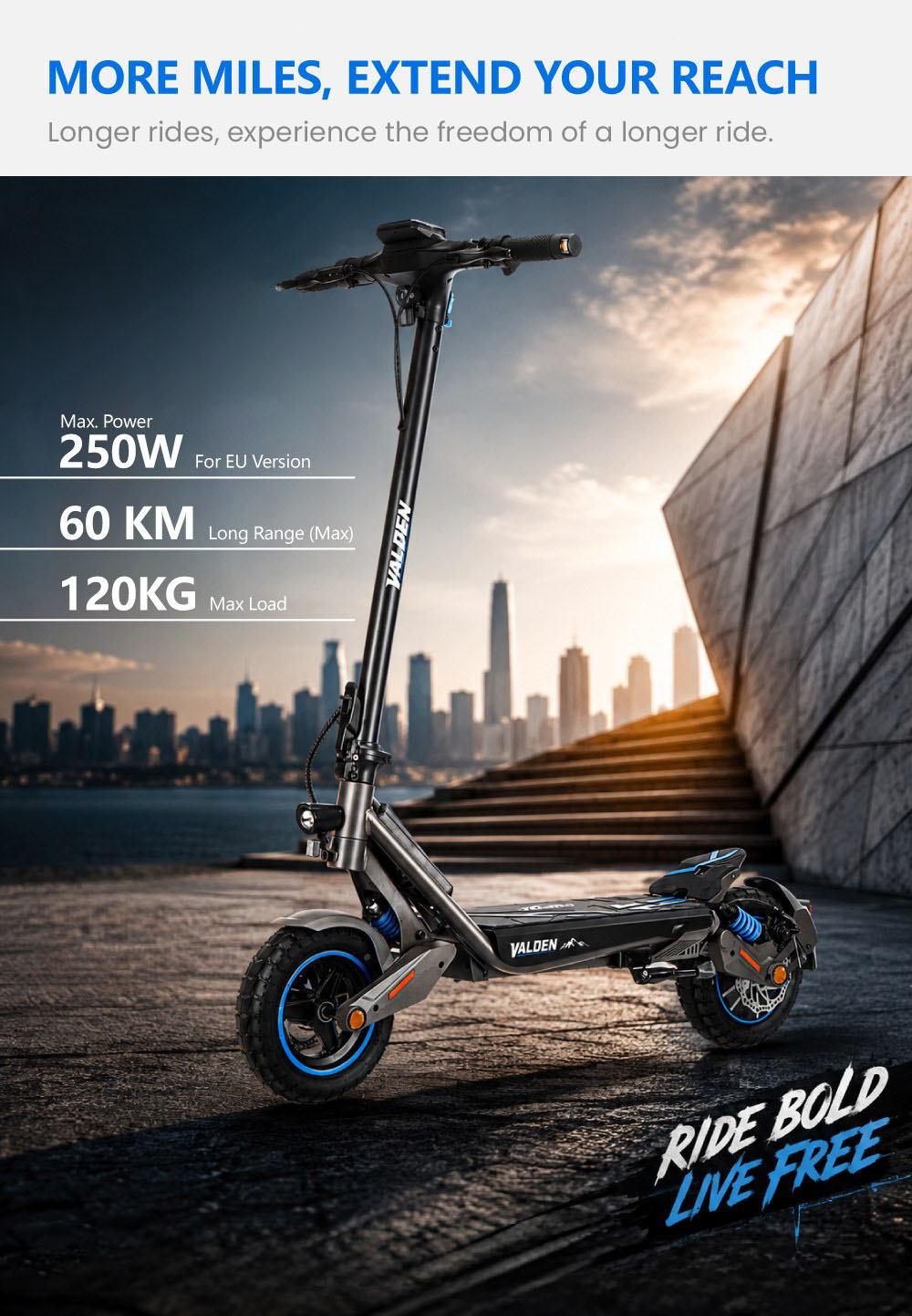 VALDEN N07 Faltbarer Elektroroller, 250W-Motor, 48V-15Ah-Akku, 60 km Reichweite, 25 km/h H&ouml;chstgeschwindigkeit, 10-Zoll-Reifen, Vorder- und Hinterradfederung, Doppelscheibenbremsen, Schutzart IPX5, 120 kg Zuladung