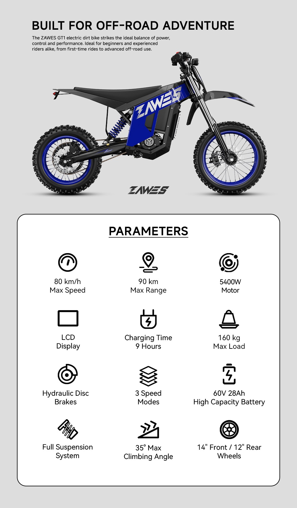 ZAWES GT1 Elektrisches Dirtbike, 5400-W-Motor, 60-V-28-Ah-Akku, 80 km/h H&ouml;chstgeschwindigkeit, 90 km maximale Reichweite, 280 Nm maximales Drehmoment, 35&deg; Steigf&auml;higkeit, 160 kg maximale Zuladung, Vollfederung, hydraulische Scheibenbremsen