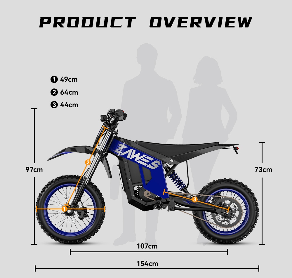 ZAWES GT1 Elektrisches Dirtbike, 5400-W-Motor, 60-V-28-Ah-Akku, 80 km/h H&ouml;chstgeschwindigkeit, 90 km maximale Reichweite, 280 Nm maximales Drehmoment, 35&deg; Steigf&auml;higkeit, 160 kg maximale Zuladung, Vollfederung, hydraulische Scheibenbremsen