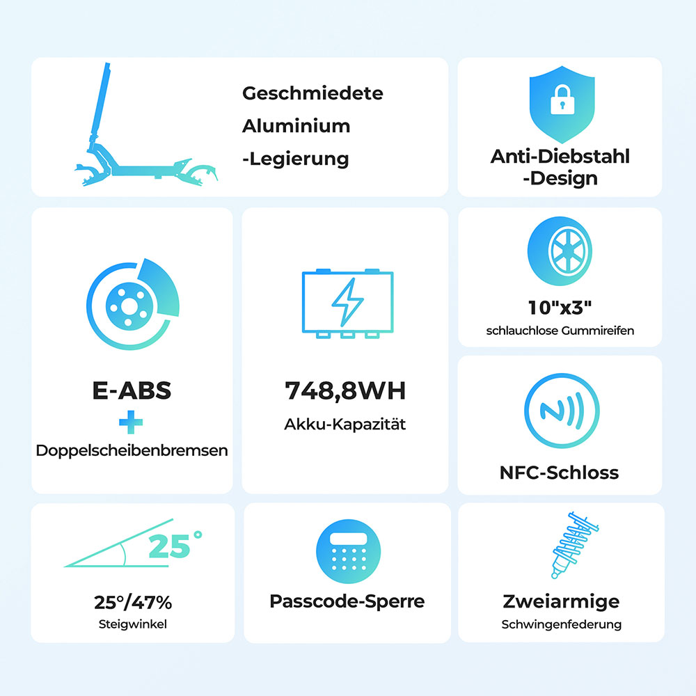 Ausom L2 Elektroroller, 800W Motor, 1104W Spitzenleistung, 70km Reichweite, 45km/h H&ouml;chstgeschwindigkeit, 48V 15,6Ah Batterie, 10&times;3