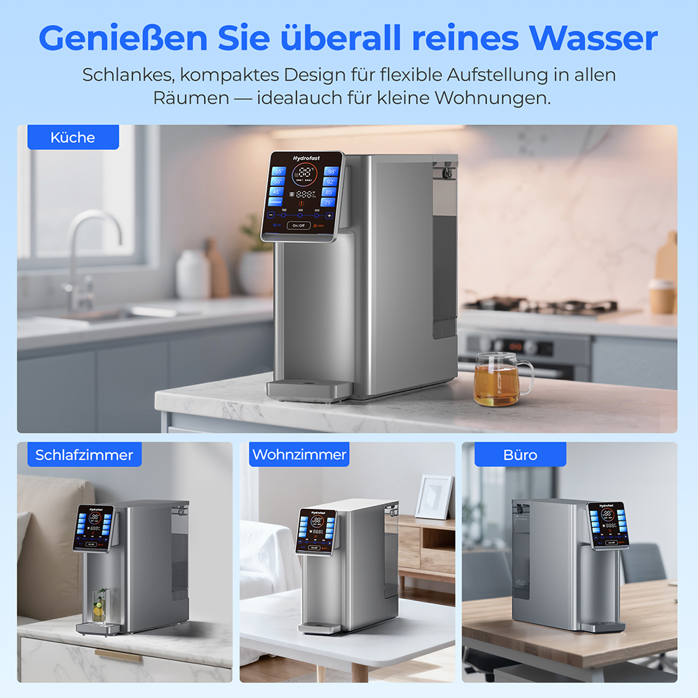 Hydrofast W100 Wasserfilter für die Arbeitsplatte mit heißem und raumwarmem Wasser, 8 Temperaturen, heißes Wasser in 3 Sekunden, 6-stufige Umkehrosmosefiltration, 15-stufiges Wasservolumen, für Küche, Büro, Schlafzimmer