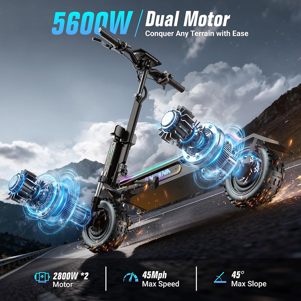ONECNA GT7 Faltbarer Elektroroller, zwei 2800-W-Motoren, 60V 27Ah Batterie, H&ouml;chstgeschwindigkeit 45MPH, Reichweite 89 km, 11 breire Gel&auml;ndereifen, 45&deg; Steigf&auml;higkeit, Doppelfederung, Doppel-&Ouml;lbremsen, App-Steuerung, 150kg max. Tragf&auml;higkeit