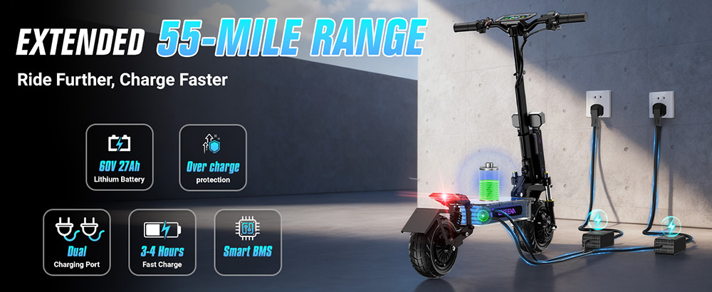 ONECNA GT7 Faltbarer Elektroroller, zwei 2800-W-Motoren, 60V 27Ah Batterie, H&ouml;chstgeschwindigkeit 45MPH, Reichweite 89 km, 11 breire Gel&auml;ndereifen, 45&deg; Steigf&auml;higkeit, Doppelfederung, Doppel-&Ouml;lbremsen, App-Steuerung, 150kg max. Tragf&auml;higkeit