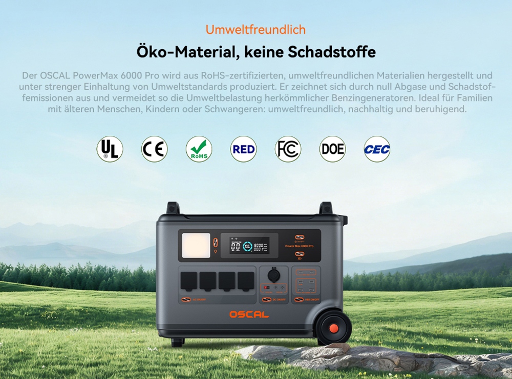 Oscal PowerMax 6000 Pro Tragbare Powerstation, 3600Wh LiFePO4-Akku, auf 57600Wh erweiterbar, 6000W reiner Sinuswellenausgang, 9000W Spitzenleistung, 14 Ausg&auml;nge, 3000W Solareingang, 3500+ Ladezyklen, USV, App-Steuerung