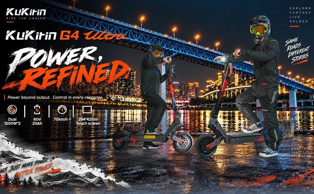 KuKirin G4 Ultra Trottinette Électrique, Double Moteur de 1200 W, Batterie 60 V 20 Ah 1200 Wh, Vitesse Maximale de 70 km/h, Autonomie de 80 km, Pneus Tubeless de 11 Pouces, Suspension Avant et Arrière, Freins à Disque de 160 mm, Charge Rapide 5 A