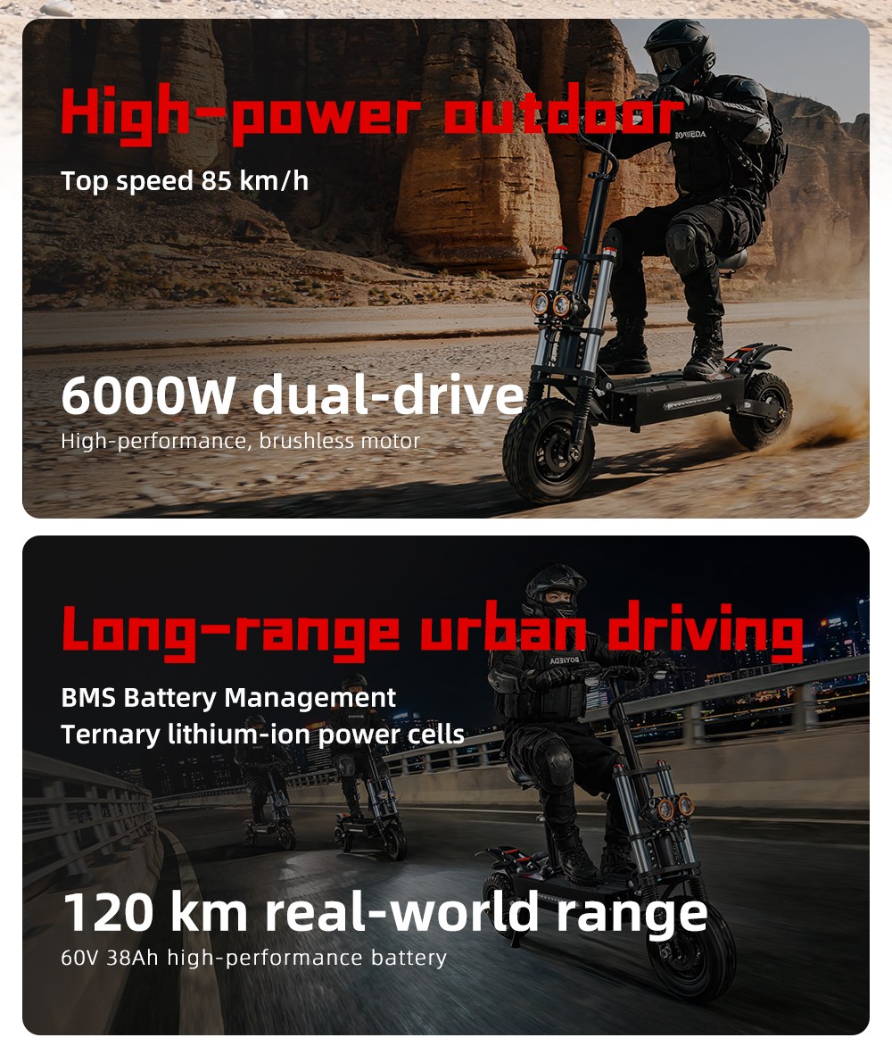 BOYUEDA S3-11 Elektromos Roller, 3000W*2 Motor 85km/h Max. Sebesség, 60V 38Ah Akkumulátor Akár 120km Hatótávolság, 11 hüvelykes Fűrészfogas Vákumos Terepjáró Abroncs, Dupla Hidraulikus Tárcsafék, Hidraulikus Csillapítás, 45°-os Emelkedő LCD Kijelző Körbejárható Világítás és Irányjelző