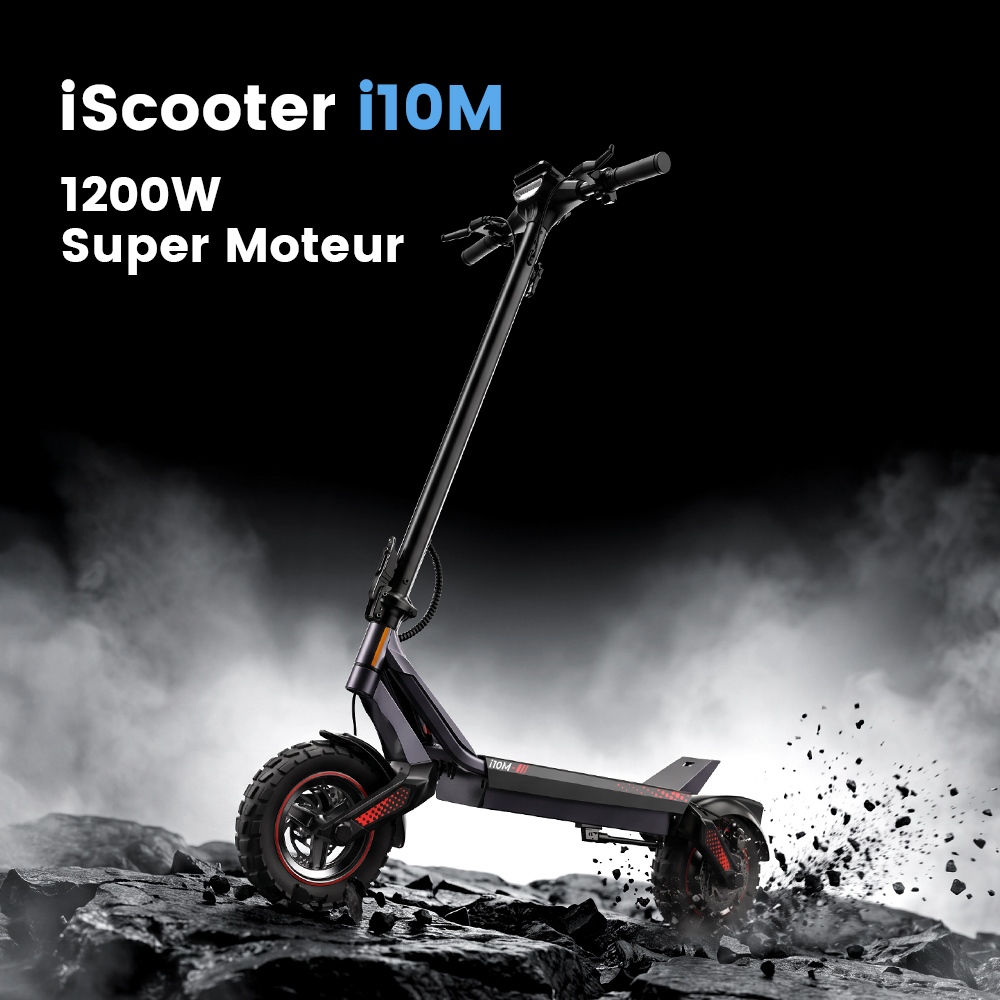 iScooter i10M Trottinette Électrique, Moteur 1200 W en Pointe, Vitesse Max. 45 km/h, Batterie 48 V 10,4 Ah, Autonomie 40 km+, Pneus Tout-Terrain 11", Double Suspension, Triple Freinage, Contrôle par Application, Pliage Rapide