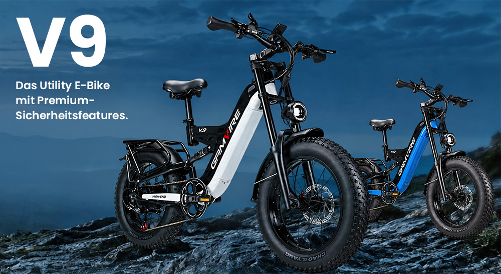 V9 Elektrofahrrad, 250W bürstenloser Motor, 48V 19,2Ah abnehmbarer Akku, 110km maximale Reichweite, 90N·m Drehmoment, 20×4,0" Fat-Reifen, Dreifach-Federung, 7-Gang-Schaltung, 180mm hydraulische Scheibenbremsen, 150kg Zuladung – Schwarz & Blau