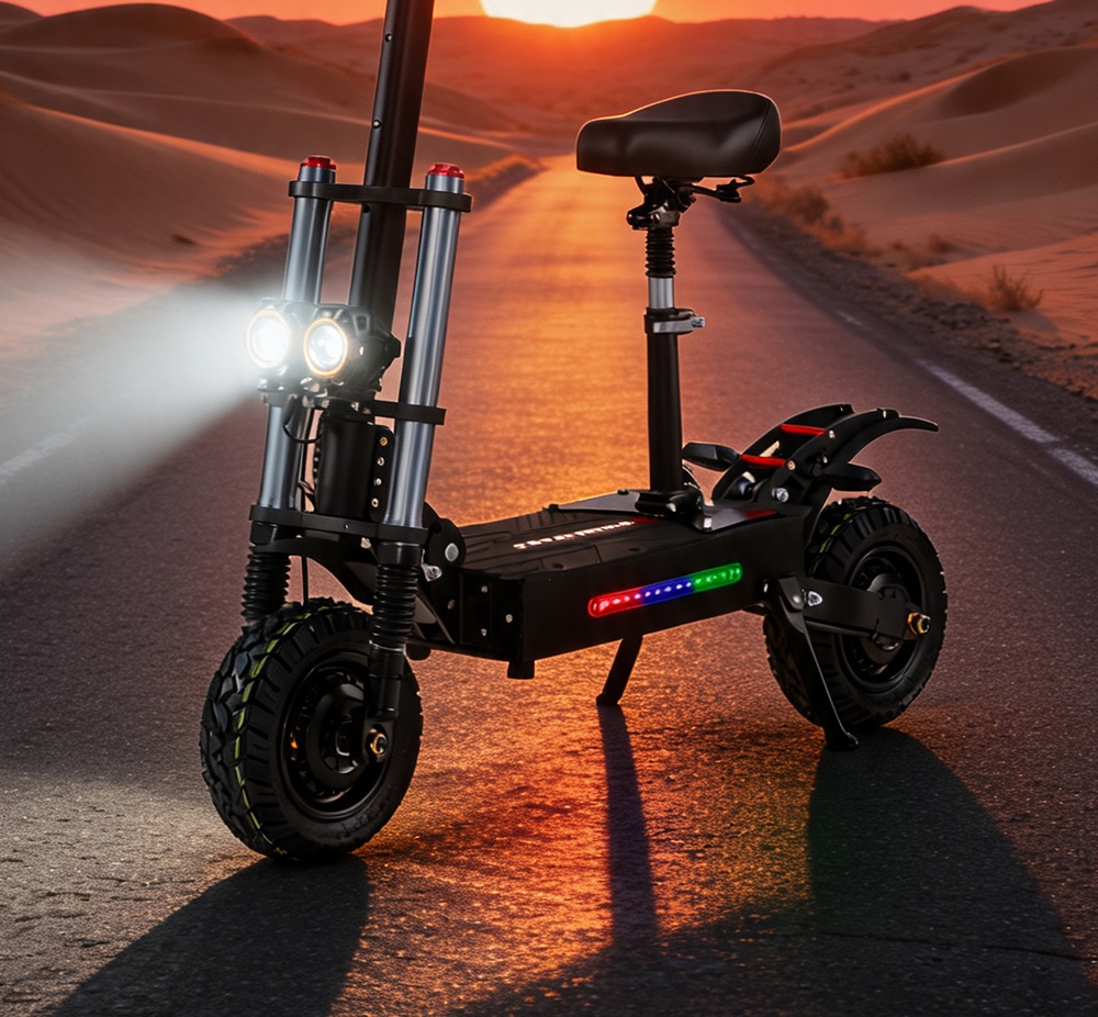BOYUEDA S3-11 Elektromos Roller, 3000W*2 Motor 85km/h Max. Sebesség, 60V 38Ah Akkumulátor Akár 120km Hatótávolság, 11 hüvelykes Fűrészfogas Vákumos Terepjáró Abroncs, Dupla Hidraulikus Tárcsafék, Hidraulikus Csillapítás, 45°-os Emelkedő LCD Kijelző Körbejárható Világítás és Irányjelző