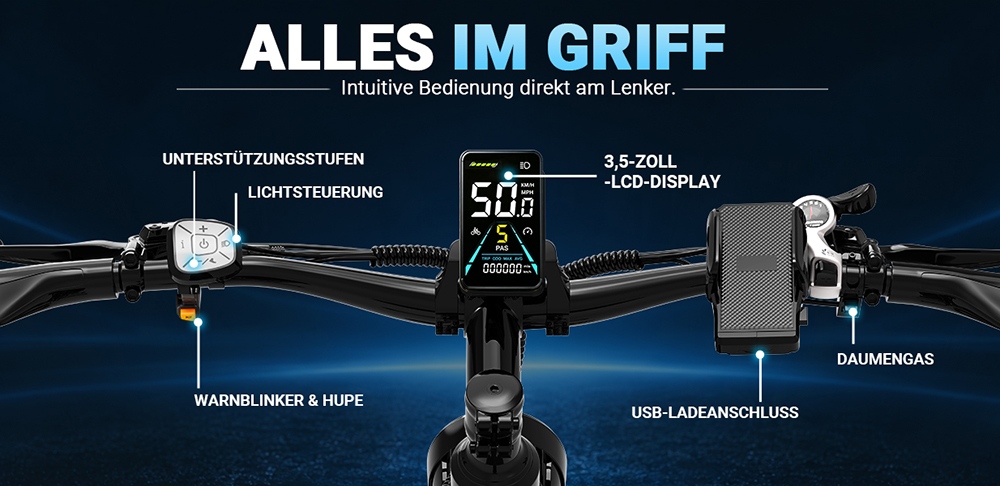 V9 Elektrofahrrad, 250W bürstenloser Motor, 48V 19,2Ah abnehmbarer Akku, 110km maximale Reichweite, 90N·m Drehmoment, 20×4,0" Fat-Reifen, Dreifach-Federung, 7-Gang-Schaltung, 180mm hydraulische Scheibenbremsen, 150kg Zuladung – Schwarz & Blau