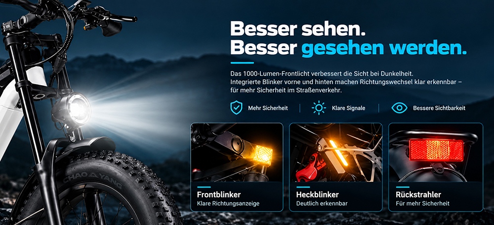 V9 Elektrofahrrad, 250W bürstenloser Motor, 48V 19,2Ah abnehmbarer Akku, 110km maximale Reichweite, 90N·m Drehmoment, 20×4,0" Fat-Reifen, Dreifach-Federung, 7-Gang-Schaltung, 180mm hydraulische Scheibenbremsen, 150kg Zuladung – Schwarz & Blau