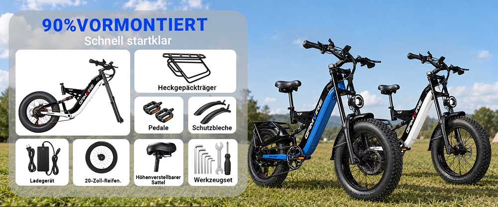 V9 Elektrofahrrad, 250W bürstenloser Motor, 48V 19,2Ah abnehmbarer Akku, 110km maximale Reichweite, 90N·m Drehmoment, 20×4,0" Fat-Reifen, Dreifach-Federung, 7-Gang-Schaltung, 180mm hydraulische Scheibenbremsen, 150kg Zuladung – Schwarz & Blau