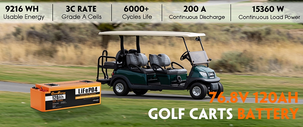 Batterie Cloudenergy CL72-120 72 V 120 Ah LiFePO4 pour voiturette de golf, capacit&eacute; de 9,216 kWh, BMS intelligent 200 A, puissance de sortie maximale de 15,36 kW, courant de charge maximal de 100 A, &eacute;cran tactile LCD, surveillance Bluetooth, bornes M8, indice de protection IP67, bo&icirc;tier m&eacute;tallique