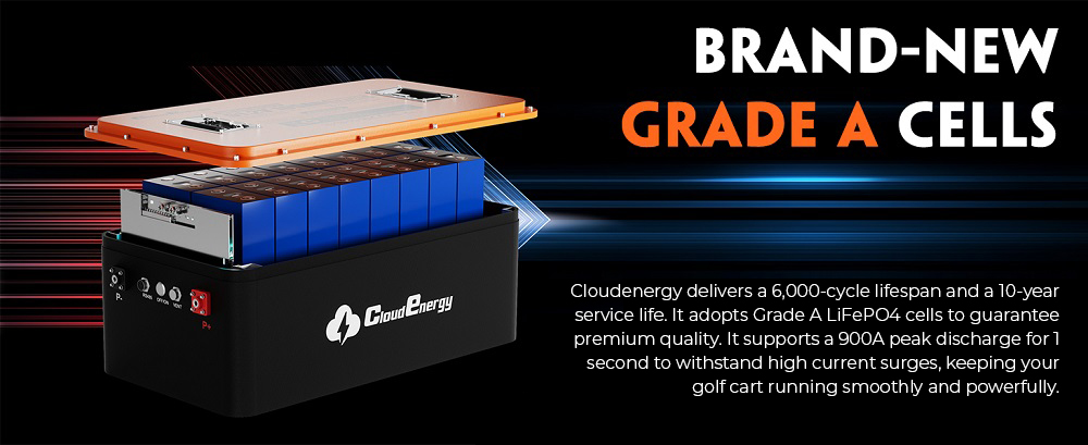 Batterie Cloudenergy GFS48-105 48 V 105 Ah LiFePO4 pour voiturette de golf, capacit&eacute; de 5,36 kWh, BMS intelligent 250 A, courant de d&eacute;charge maximal de 600 A, puissance de sortie de 10,24 kW, Bluetooth, &eacute;cran tactile LCD de 2,8 pouces, plus de 6&nbsp;000 cycles, protection contre la charge &agrave; basse temp&eacute;rature, indice de protection IP66, bo&icirc;tier m&eacute;tallique