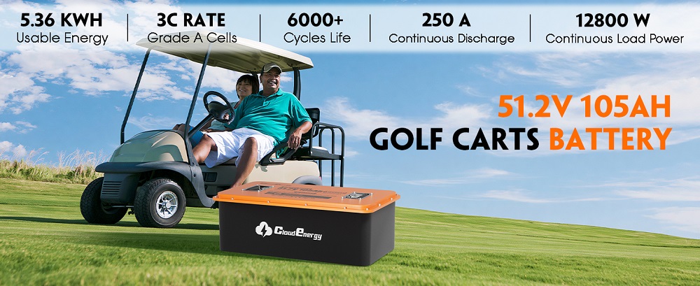 Batterie Cloudenergy GFS48-105 48 V 105 Ah LiFePO4 pour voiturette de golf, capacit&eacute; de 5,36 kWh, BMS intelligent 250 A, courant de d&eacute;charge maximal de 600 A, puissance de sortie de 10,24 kW, Bluetooth, &eacute;cran tactile LCD de 2,8 pouces, plus de 6&nbsp;000 cycles, protection contre la charge &agrave; basse temp&eacute;rature, indice de protection IP66, bo&icirc;tier m&eacute;tallique