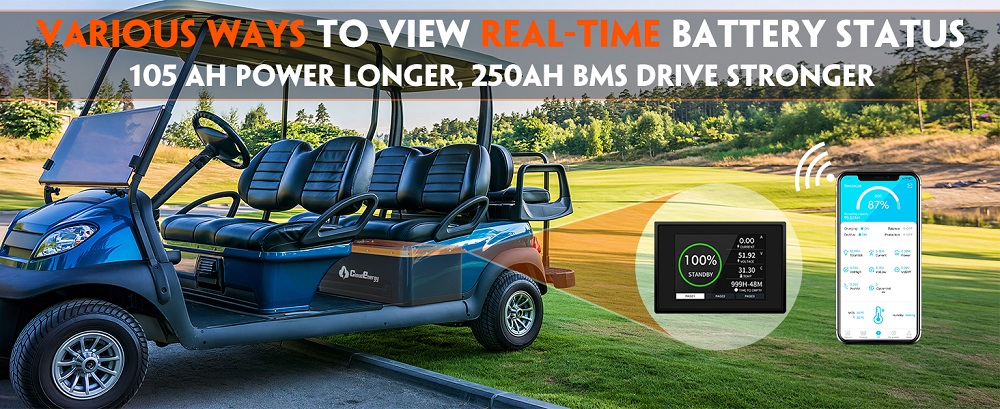 Batterie Cloudenergy GFS48-105 48 V 105 Ah LiFePO4 pour voiturette de golf, capacit&eacute; de 5,36 kWh, BMS intelligent 250 A, courant de d&eacute;charge maximal de 600 A, puissance de sortie de 10,24 kW, Bluetooth, &eacute;cran tactile LCD de 2,8 pouces, plus de 6&nbsp;000 cycles, protection contre la charge &agrave; basse temp&eacute;rature, indice de protection IP66, bo&icirc;tier m&eacute;tallique