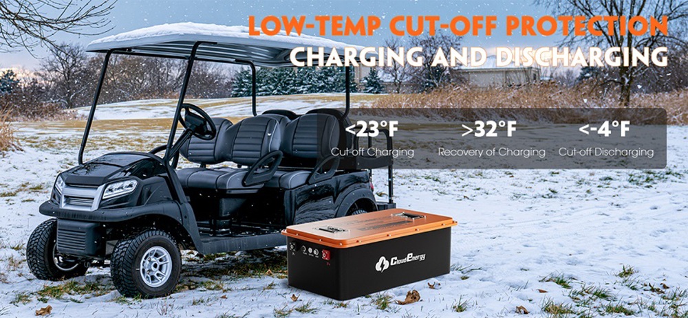 Batterie Cloudenergy GFS48-105 48 V 105 Ah LiFePO4 pour voiturette de golf, capacit&eacute; de 5,36 kWh, BMS intelligent 250 A, courant de d&eacute;charge maximal de 600 A, puissance de sortie de 10,24 kW, Bluetooth, &eacute;cran tactile LCD de 2,8 pouces, plus de 6&nbsp;000 cycles, protection contre la charge &agrave; basse temp&eacute;rature, indice de protection IP66, bo&icirc;tier m&eacute;tallique
