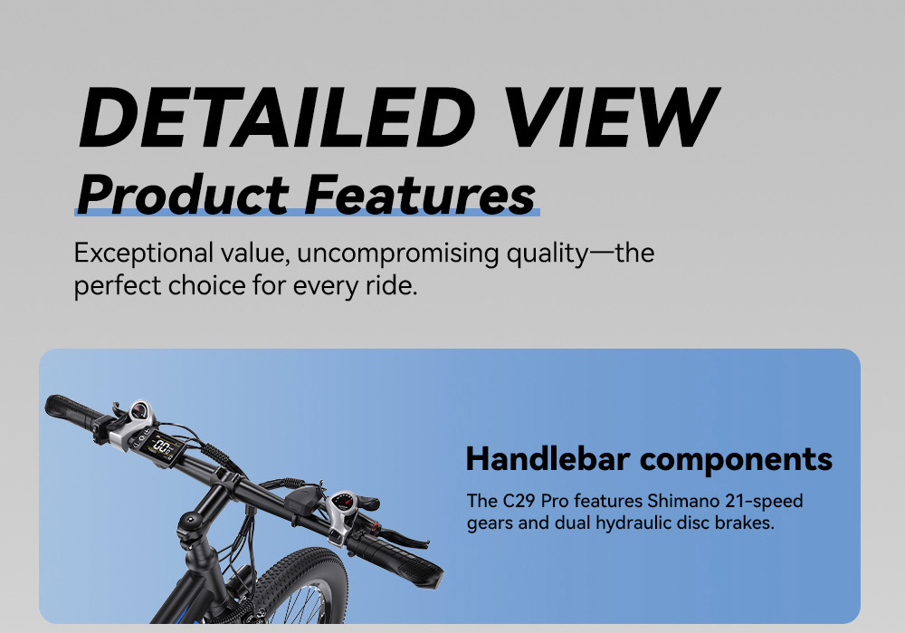 V&eacute;lo &eacute;lectrique DUOTTS C29 Pro, moteur de 750 W, deux batteries rempla&ccedil;ables 48 V 15 Ah, vitesse maximale de 52 km/h, autonomie maximale de 90 km par batterie, angle d'inclinaison maximal de 30&deg;, pneus 29 &times; 2,125 pouces, 21 vitesses, freins &agrave; disque hydrauliques, charge maximale de 150 kg