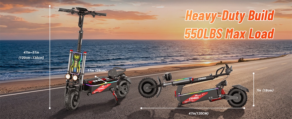 Trottinette &eacute;lectrique double moteur FENGQS S5 PRO, puissance de cr&ecirc;te de 5&nbsp;600&nbsp;W, batterie 60&nbsp;V 38&nbsp;Ah, vitesse maximale de 80&nbsp;km/h, autonomie de 100&nbsp;km, charge maximale de 250&nbsp;kg, pneus tout-terrain de 11&nbsp;pouces, freins &agrave; disque hydrauliques, suspension avant, &eacute;tanch&eacute;it&eacute; IPX5