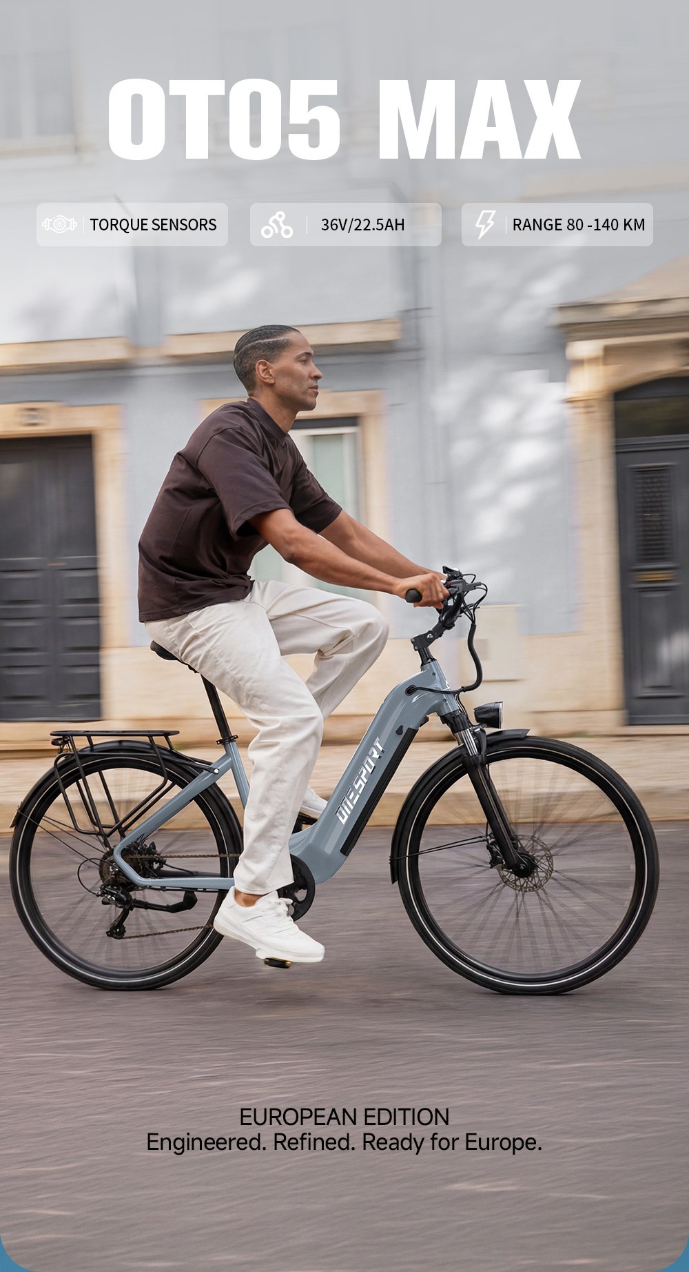 V&eacute;lo &eacute;lectrique ONESPORT OT05 MAX, moteur 250 W, batterie 36 V 22,5 Ah, autonomie 140 km, vitesse maximale 25 km/h, capteur de couple, transmission Shimano 7 vitesses, freins &agrave; disque hydrauliques, suspension avant, contr&ocirc;le via application Bluetooth - Gris