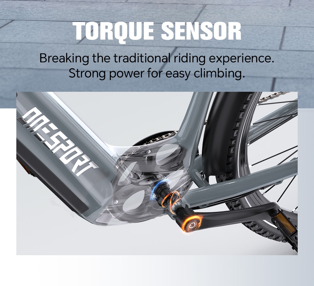 V&eacute;lo &eacute;lectrique ONESPORT OT05 MAX, moteur 250 W, batterie 36 V 22,5 Ah, autonomie 140 km, vitesse maximale 25 km/h, capteur de couple, transmission Shimano 7 vitesses, freins &agrave; disque hydrauliques, suspension avant, contr&ocirc;le via application Bluetooth - Gris