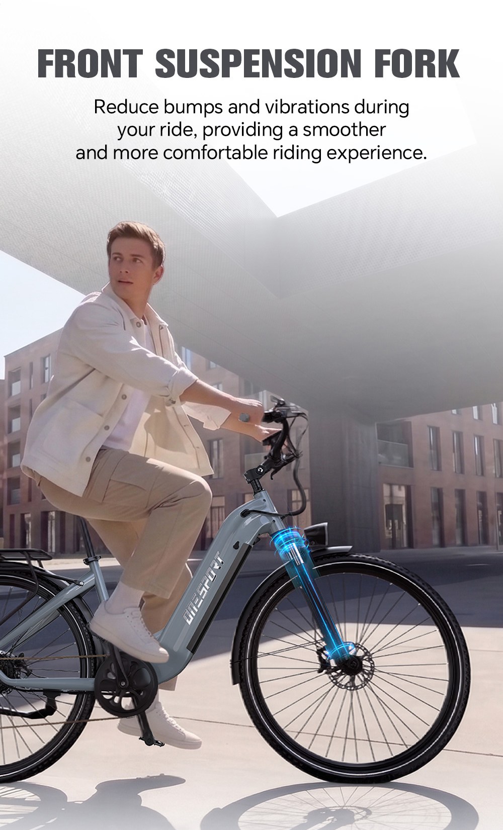 V&eacute;lo &eacute;lectrique ONESPORT OT05 MAX, moteur 250 W, batterie 36 V 22,5 Ah, autonomie 140 km, vitesse maximale 25 km/h, capteur de couple, transmission Shimano 7 vitesses, freins &agrave; disque hydrauliques, suspension avant, contr&ocirc;le via application Bluetooth - Gris