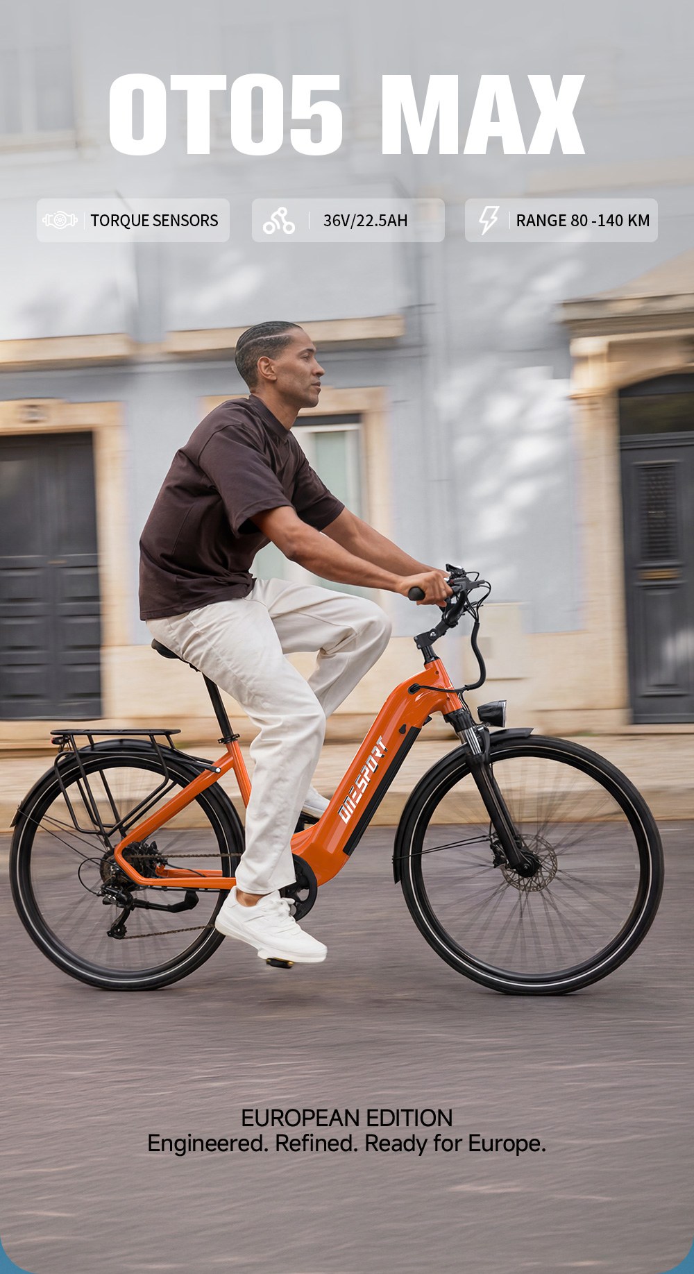 V&eacute;lo &eacute;lectrique ONESPORT OT05 MAX, moteur 250 W, batterie 36 V 22,5 Ah, autonomie 140 km, vitesse maximale 25 km/h, capteur de couple, transmission Shimano 7 vitesses, freins &agrave; disque hydrauliques, suspension avant, contr&ocirc;le via application Bluetooth - Orange