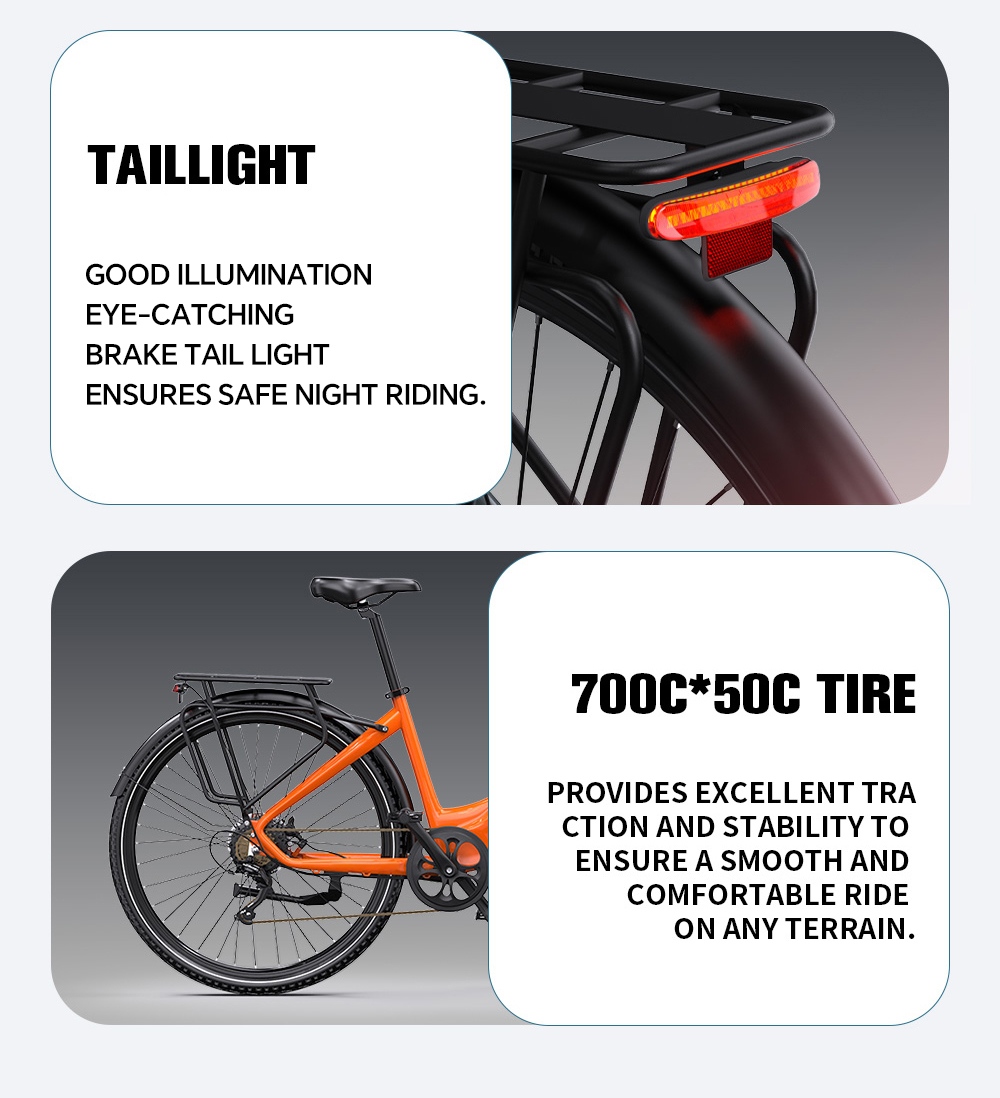 V&eacute;lo &eacute;lectrique ONESPORT OT05 MAX, moteur 250 W, batterie 36 V 22,5 Ah, autonomie 140 km, vitesse maximale 25 km/h, capteur de couple, transmission Shimano 7 vitesses, freins &agrave; disque hydrauliques, suspension avant, contr&ocirc;le via application Bluetooth - Orange