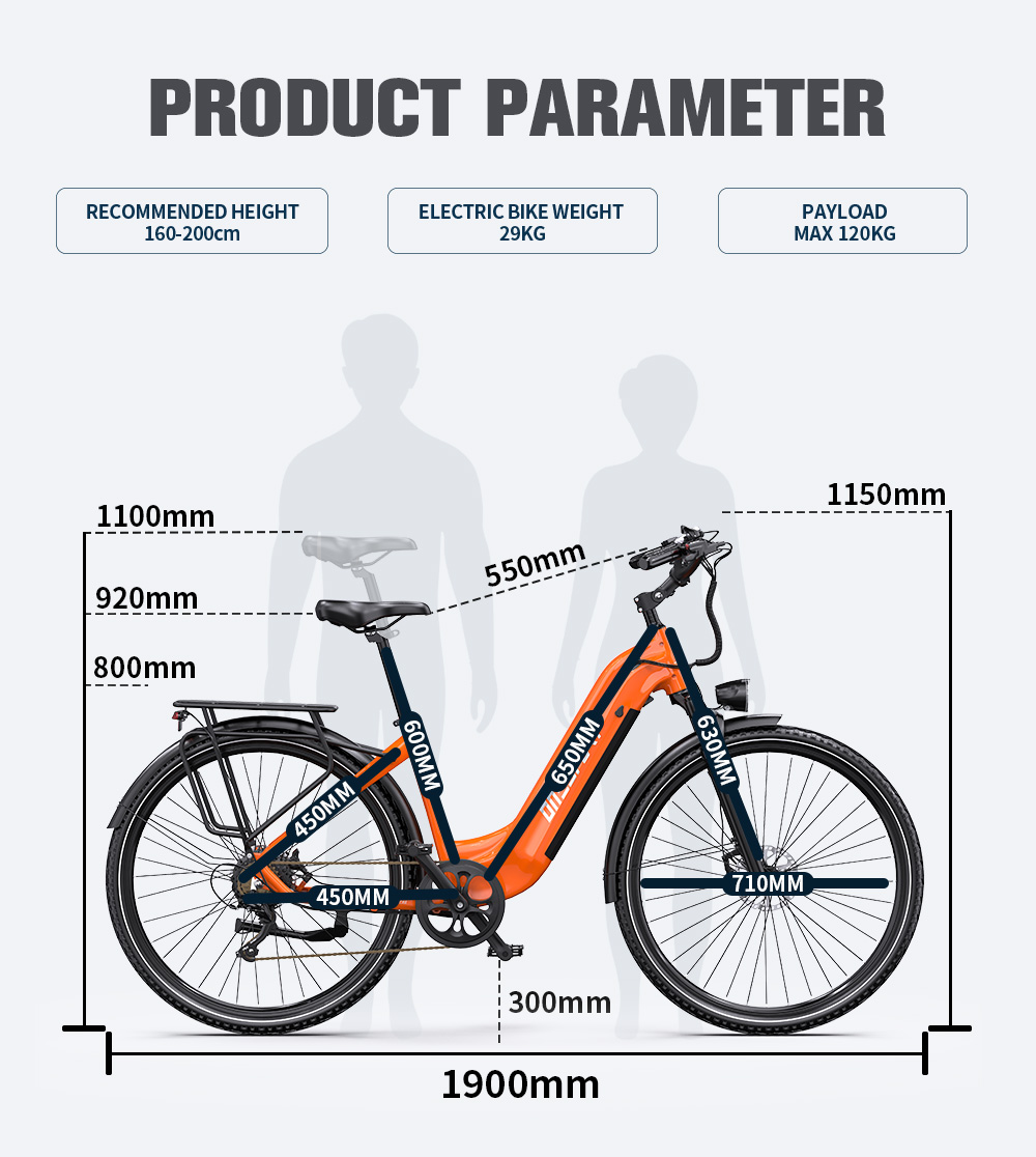 V&eacute;lo &eacute;lectrique ONESPORT OT05 MAX, moteur 250 W, batterie 36 V 22,5 Ah, autonomie 140 km, vitesse maximale 25 km/h, capteur de couple, transmission Shimano 7 vitesses, freins &agrave; disque hydrauliques, suspension avant, contr&ocirc;le via application Bluetooth - Orange