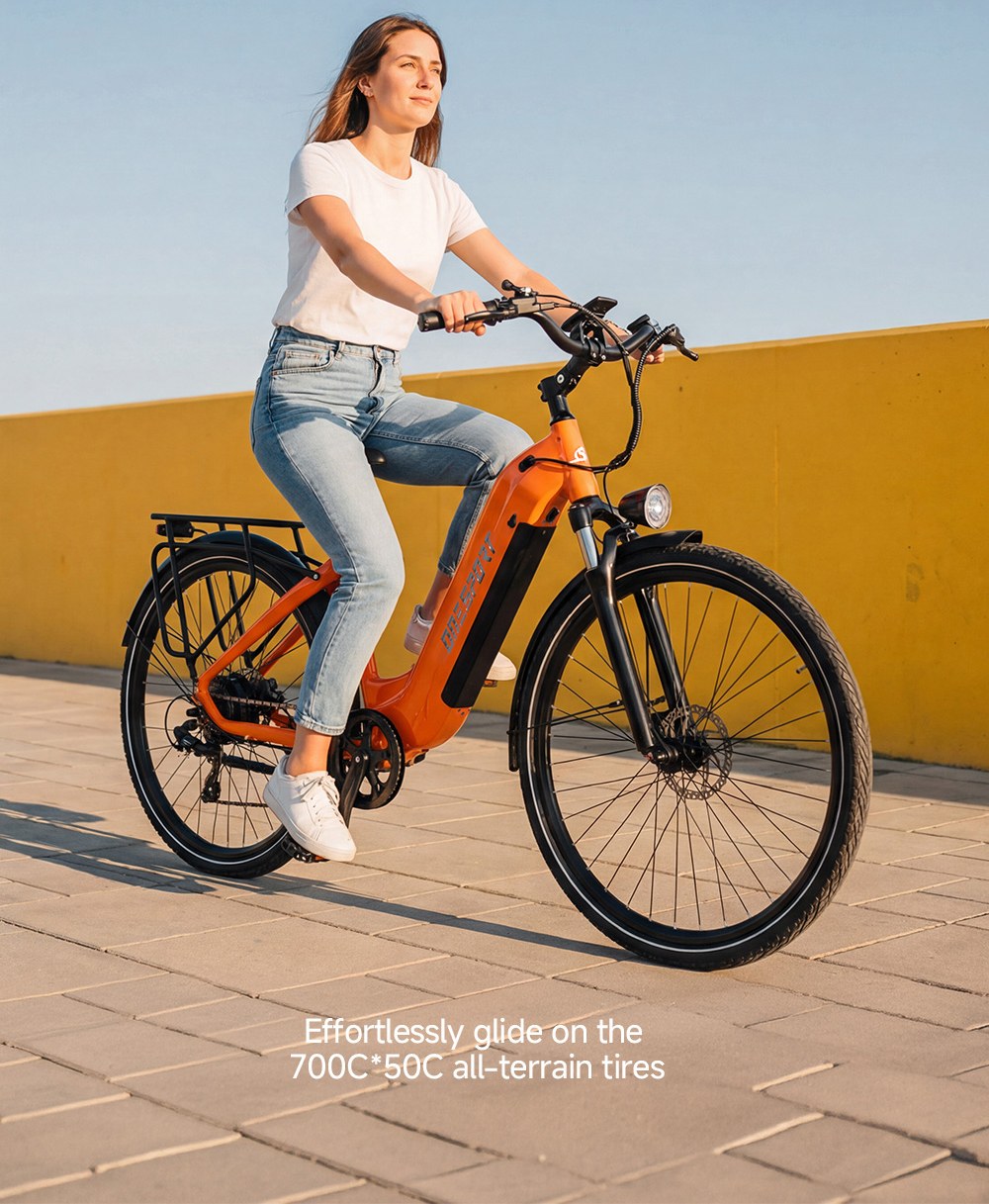 V&eacute;lo &eacute;lectrique ONESPORT OT05 MAX, moteur 250 W, batterie 36 V 22,5 Ah, autonomie 140 km, vitesse maximale 25 km/h, capteur de couple, transmission Shimano 7 vitesses, freins &agrave; disque hydrauliques, suspension avant, contr&ocirc;le via application Bluetooth - Orange