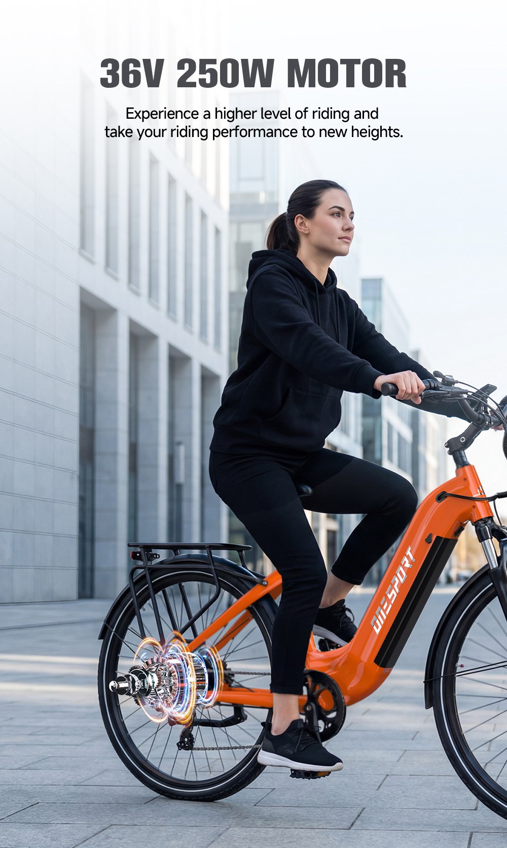 V&eacute;lo &eacute;lectrique ONESPORT OT05 MAX, moteur 250 W, batterie 36 V 22,5 Ah, autonomie 140 km, vitesse maximale 25 km/h, capteur de couple, transmission Shimano 7 vitesses, freins &agrave; disque hydrauliques, suspension avant, contr&ocirc;le via application Bluetooth - Orange