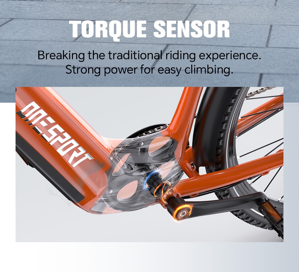 V&eacute;lo &eacute;lectrique ONESPORT OT05 MAX, moteur 250 W, batterie 36 V 22,5 Ah, autonomie 140 km, vitesse maximale 25 km/h, capteur de couple, transmission Shimano 7 vitesses, freins &agrave; disque hydrauliques, suspension avant, contr&ocirc;le via application Bluetooth - Orange