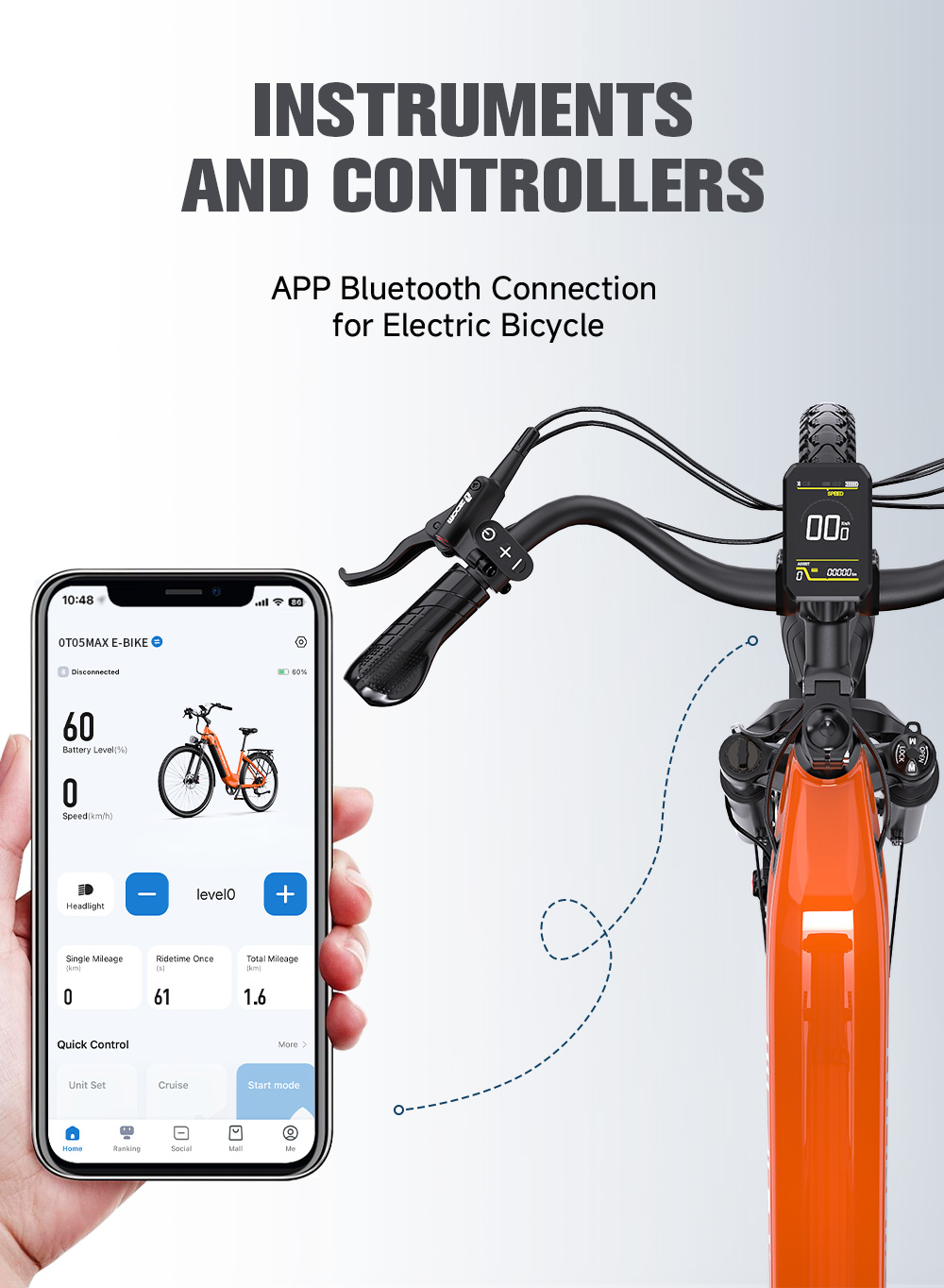 V&eacute;lo &eacute;lectrique ONESPORT OT05 MAX, moteur 250 W, batterie 36 V 22,5 Ah, autonomie 140 km, vitesse maximale 25 km/h, capteur de couple, transmission Shimano 7 vitesses, freins &agrave; disque hydrauliques, suspension avant, contr&ocirc;le via application Bluetooth - Orange