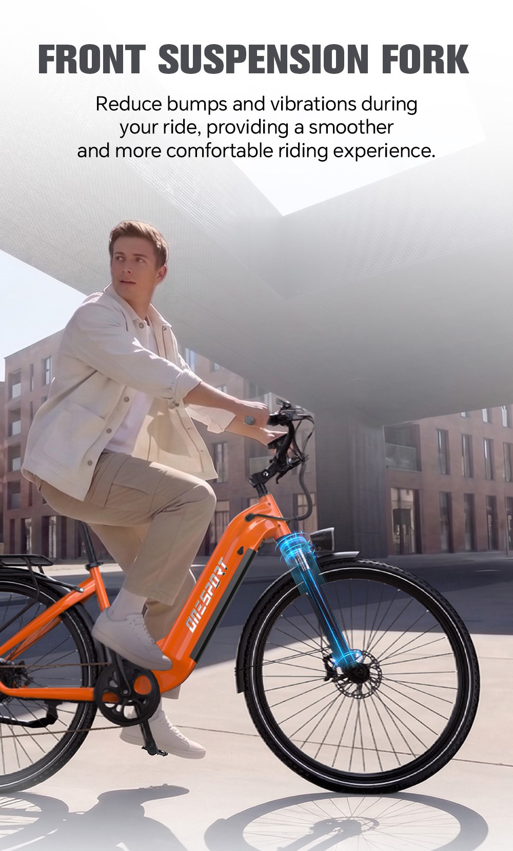 V&eacute;lo &eacute;lectrique ONESPORT OT05 MAX, moteur 250 W, batterie 36 V 22,5 Ah, autonomie 140 km, vitesse maximale 25 km/h, capteur de couple, transmission Shimano 7 vitesses, freins &agrave; disque hydrauliques, suspension avant, contr&ocirc;le via application Bluetooth - Orange