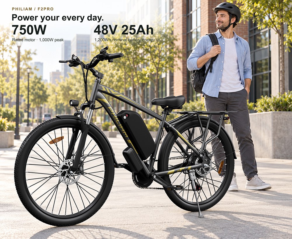 PHILIAM F2 PRO Electric Bike, 750W Motor, 1000W Peak Power, 48V 25Ah Battery, 50km/h Max Speed, 140km Range, 29-Inch Tires, 21-Speed, Front Suspension, Hydraulic Disc Brakes, 150kg Max Load - Blue