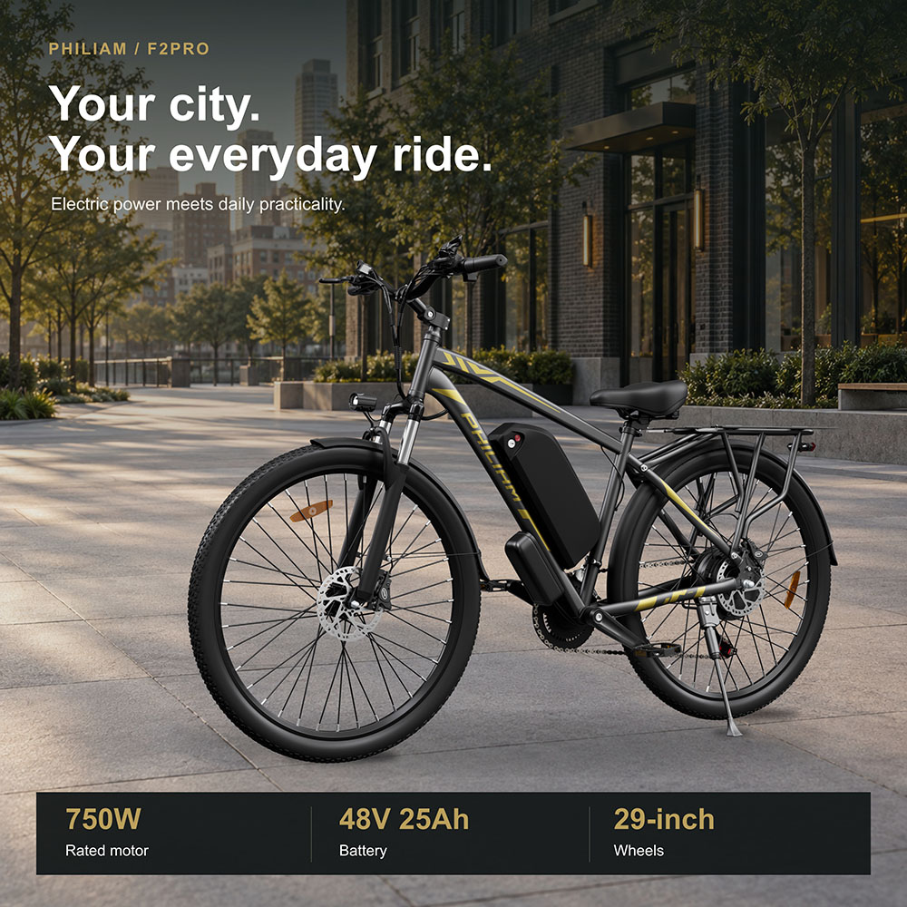 PHILIAM F2 PRO Electric Bike, 750W Motor, 1000W Peak Power, 48V 25Ah Battery, 50km/h Max Speed, 140km Range, 29-Inch Tires, 21-Speed, Front Suspension, Hydraulic Disc Brakes, 150kg Max Load - White