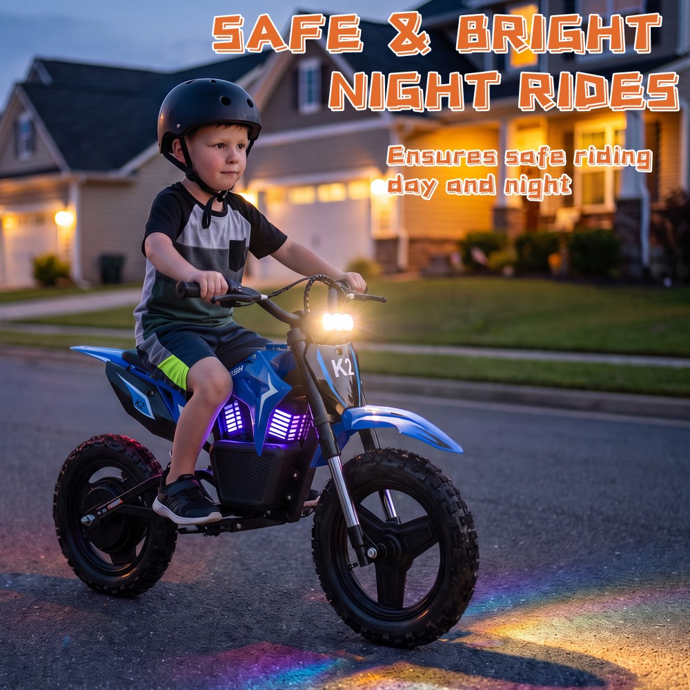 TWOFISH K2 Kinder-Elektro-Dirtbike, 350-W-B&uuml;rstenlosmotor, 36-V-5,2-Ah-Lithium-Akku, 35 km/h H&ouml;chstgeschwindigkeit, 3 Geschwindigkeitsmodi, 12 km Reichweite, 90 Minuten Fahrzeit, 14-Zoll-Gel&auml;ndereifen, hydraulische Vorderradfederung, IP54-Wasserschutz &ndash; Blau