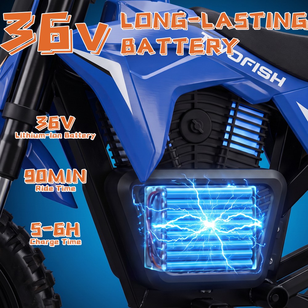 TWOFISH K2 Kinder-Elektro-Dirtbike, 350-W-B&uuml;rstenlosmotor, 36-V-5,2-Ah-Lithium-Akku, 35 km/h H&ouml;chstgeschwindigkeit, 3 Geschwindigkeitsmodi, 12 km Reichweite, 90 Minuten Fahrzeit, 14-Zoll-Gel&auml;ndereifen, hydraulische Vorderradfederung, IP54-Wasserschutz &ndash; Blau