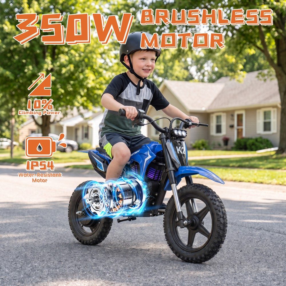 TWOFISH K2 Kinder-Elektro-Dirtbike, 350-W-B&uuml;rstenlosmotor, 36-V-5,2-Ah-Lithium-Akku, 35 km/h H&ouml;chstgeschwindigkeit, 3 Geschwindigkeitsmodi, 12 km Reichweite, 90 Minuten Fahrzeit, 14-Zoll-Gel&auml;ndereifen, hydraulische Vorderradfederung, IP54-Wasserschutz &ndash; Blau
